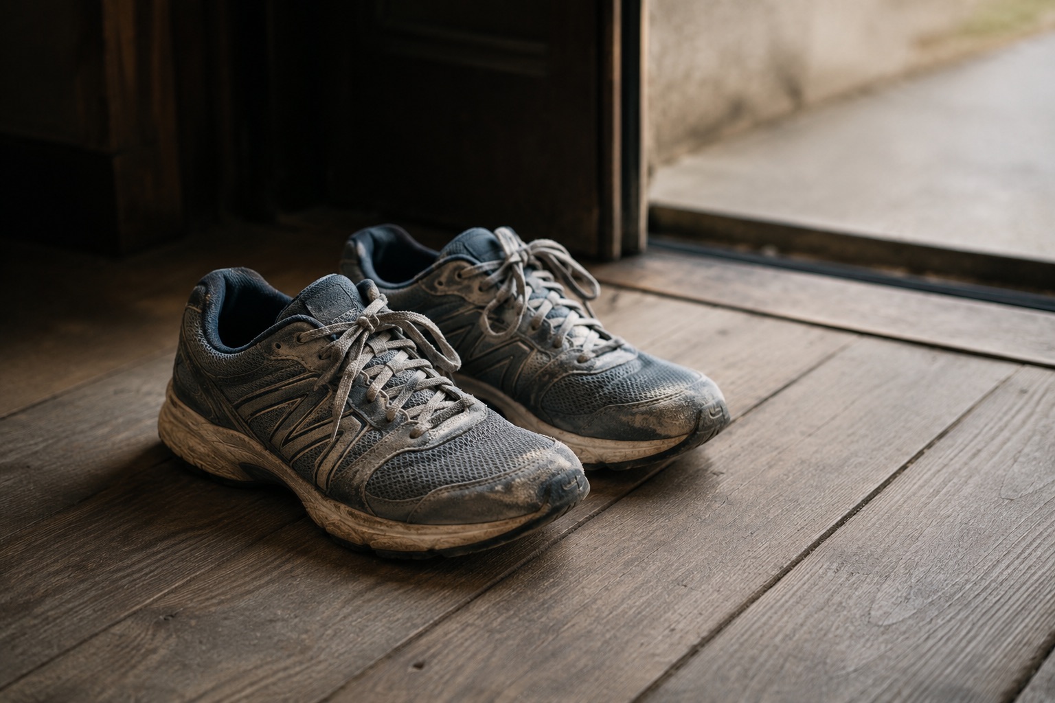 Worn walking shoes by a doorway