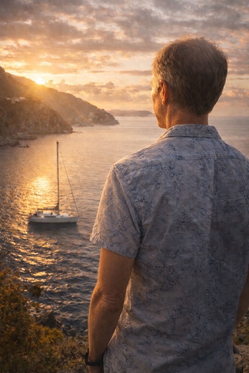A man looking over water at sunset