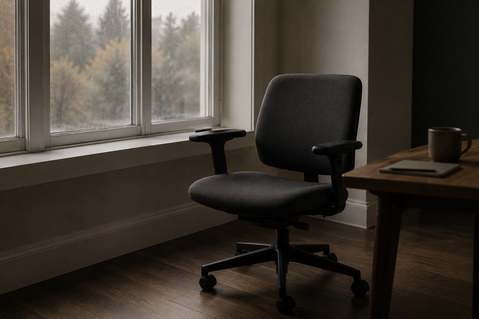 An empty office chair beside a window