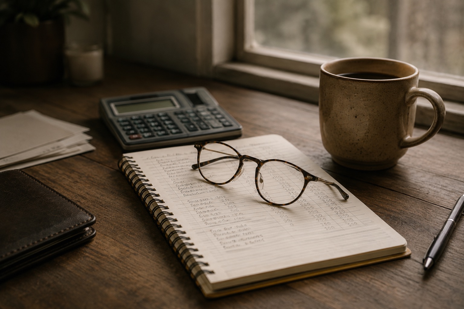 Notebook, calculator, glasses, and coffee