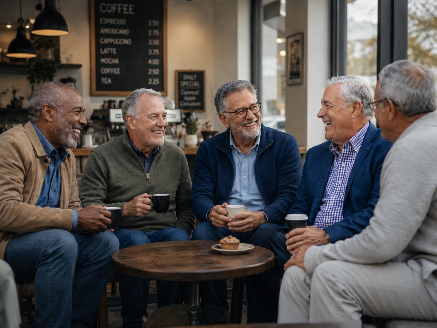 Five men laughing together in a coffee shop