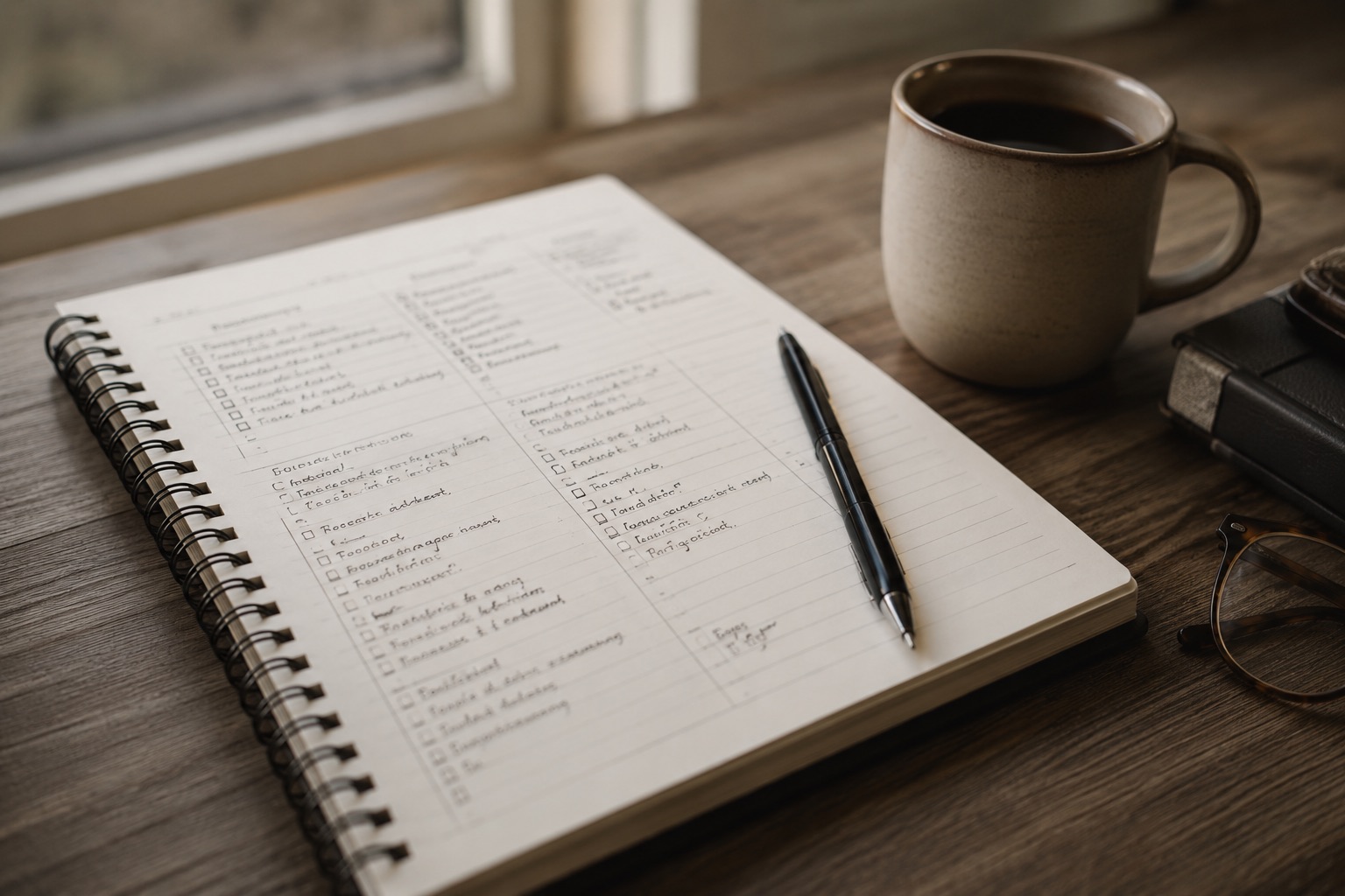 A planner, pen, and coffee on a desk
