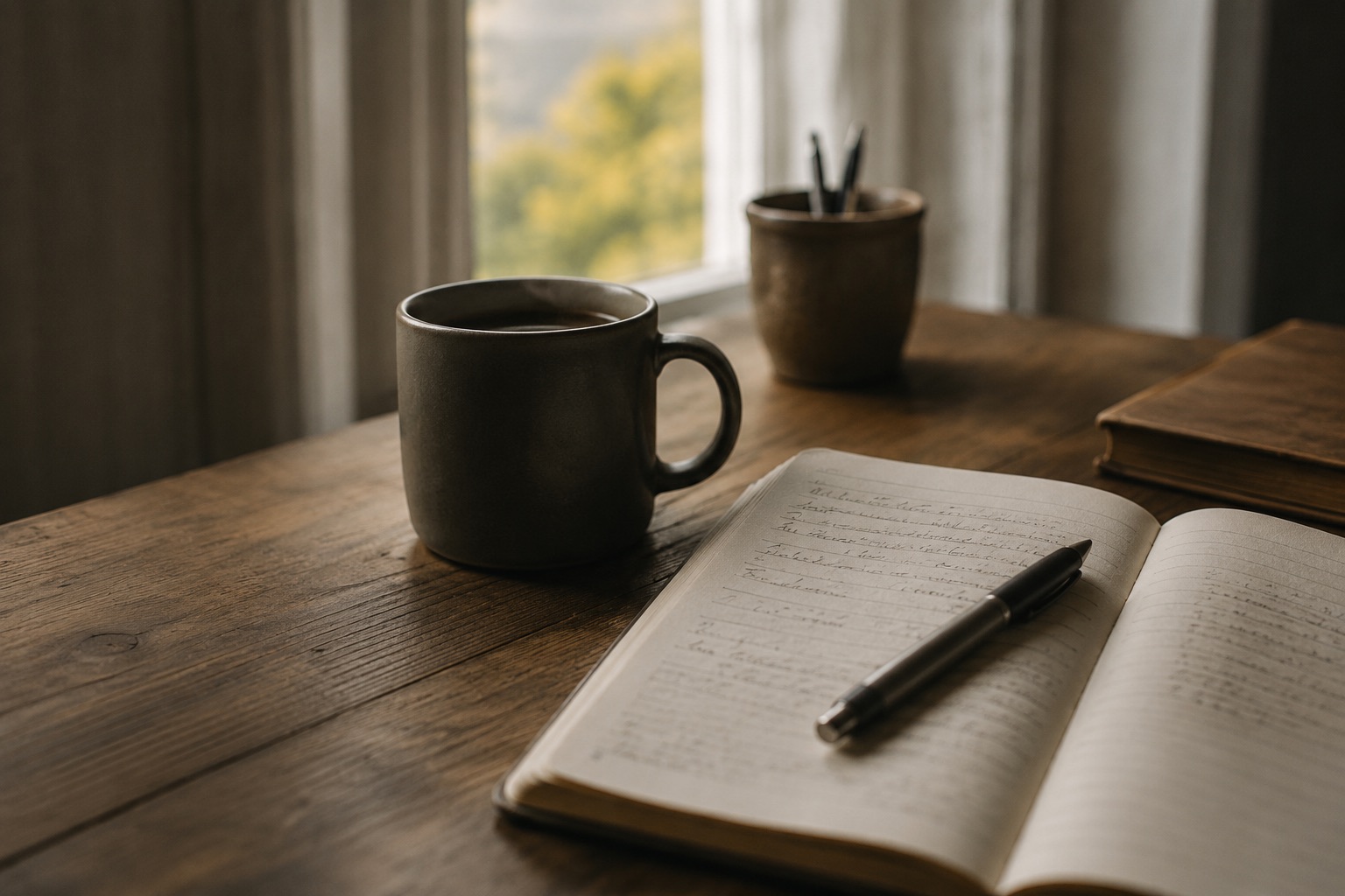 Coffee and notebook in quiet light