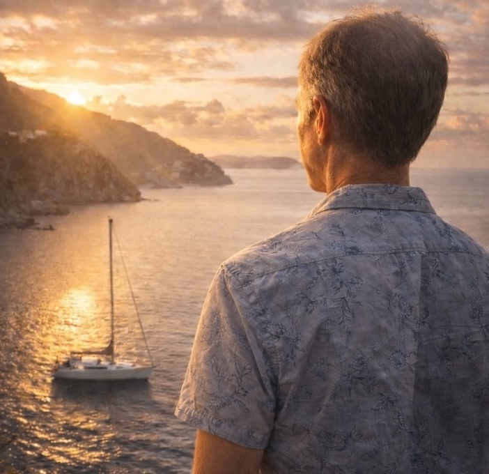 Man overlooking coastal bay at sunset