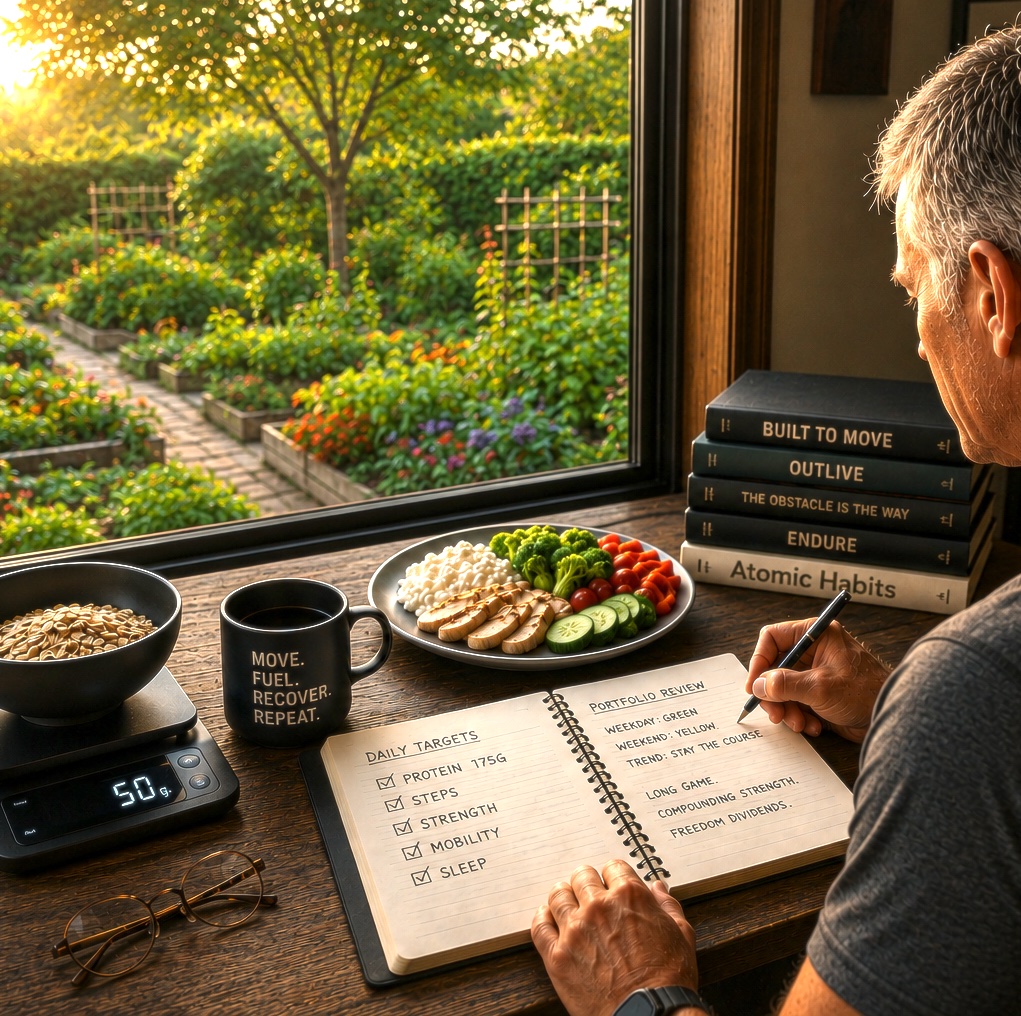 Man tracking health and nutrition at sunrise