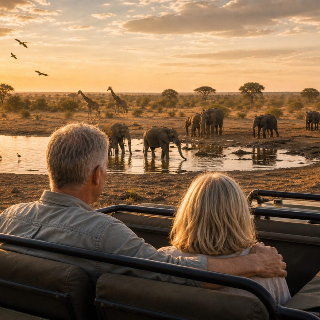 Jim and Sheryl watching elephants from a safari vehicle at golden hour