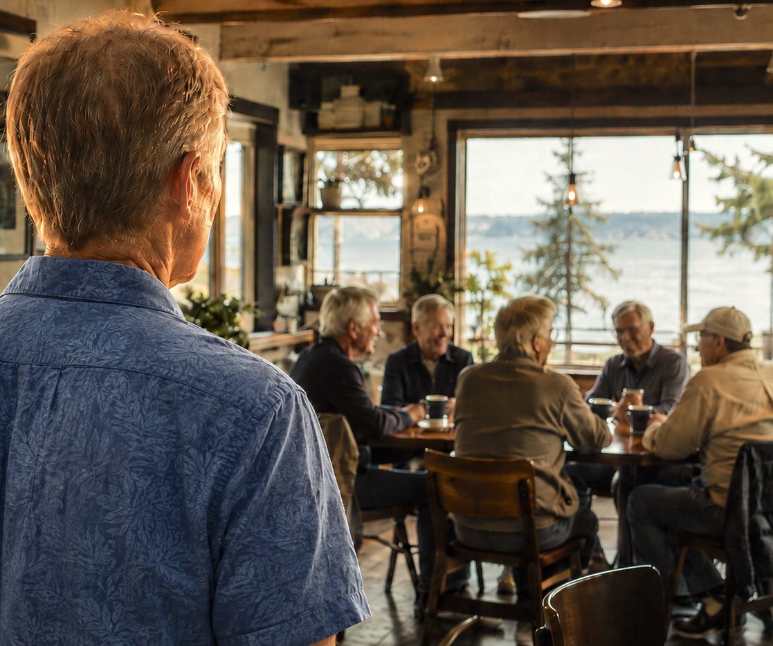Men gathering outdoors for conversation and connection