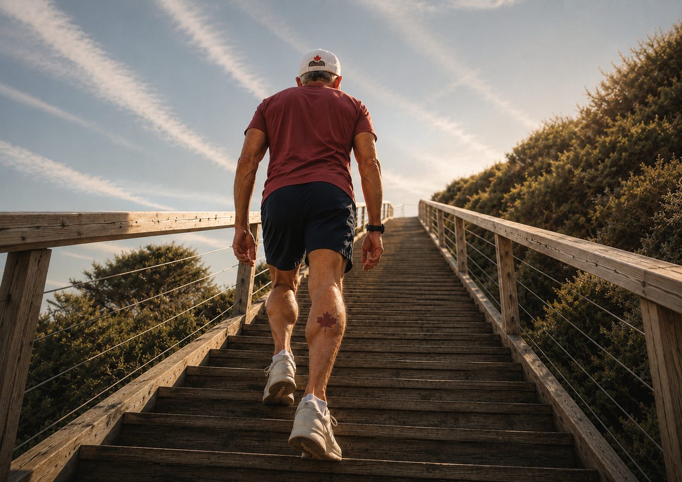 A man climbing outdoor stairs in warm evening light