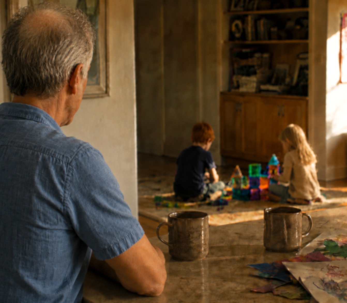 A man at the kitchen island watching his grandchildren play, two coffee mugs in front of him