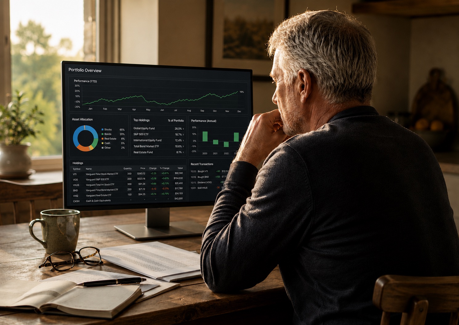 A man reviewing financial statements at home, weighing what the money is actually for