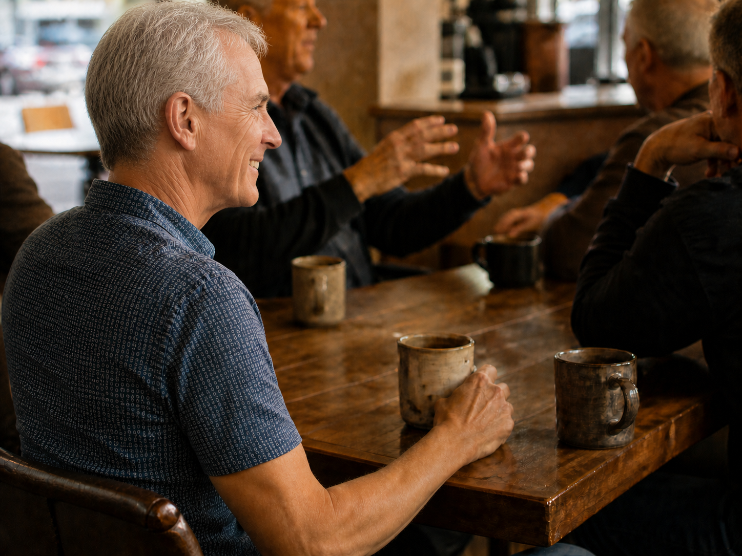 Jim observing a group of men gathered around a café table