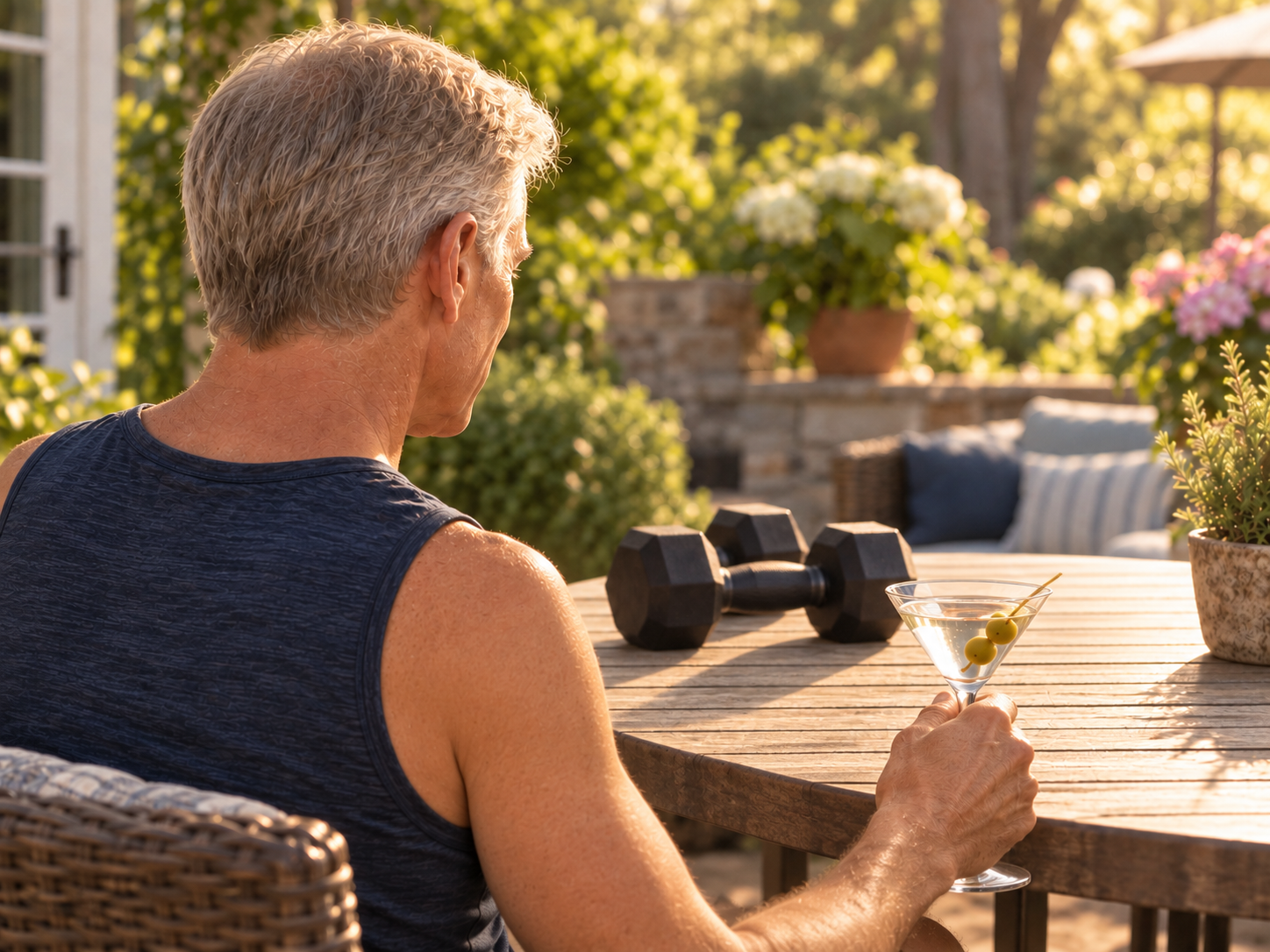 Jim looking toward friends at a patio table, with exercise gear and a martini nearby