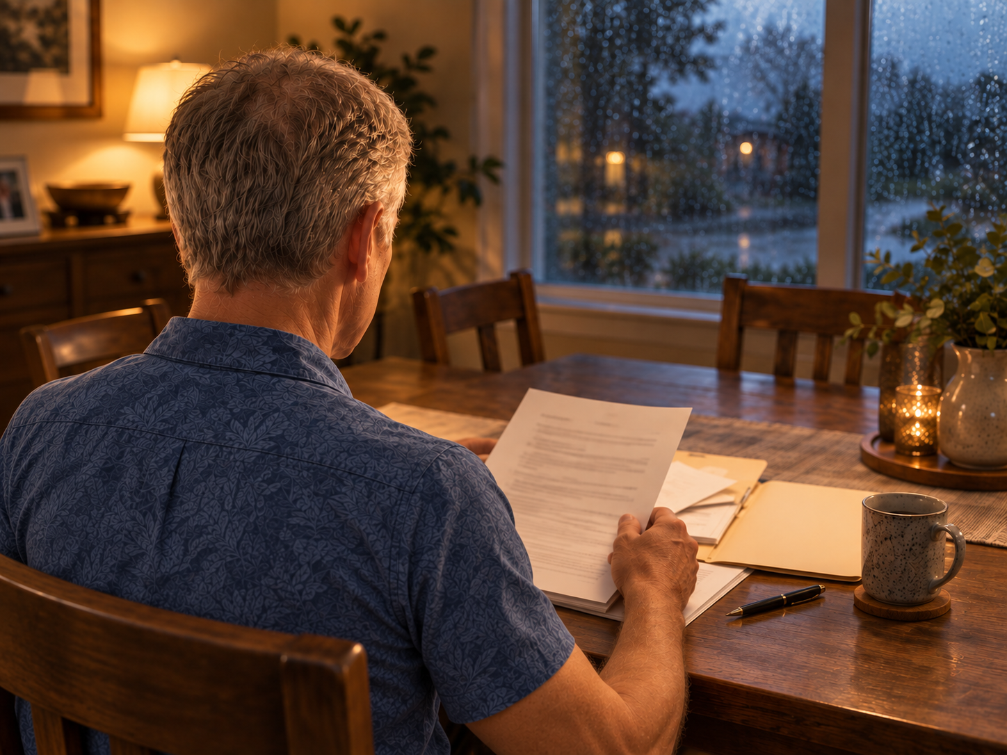 Jim viewed from behind, reading papers at his dining room table on a rainy evening