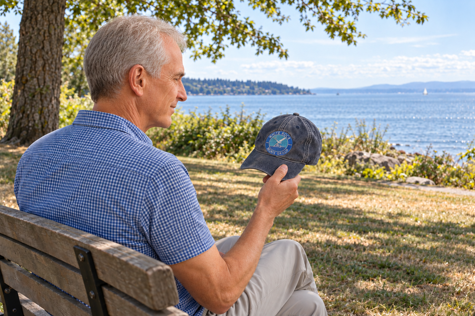 Jim, wearing a blue-and-white checked shirt, sits on a park bench, looking thoughtfully at the White Rock Men’s Group cap held in his right hand.